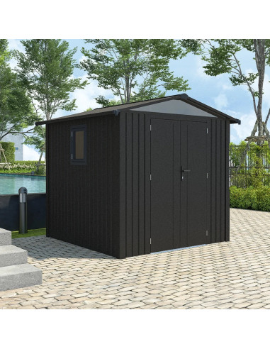 Abri de Jardin métal Anthracite HAUT DE GAMME Double Pente 5,56 m² + Kit Ancrage Abri métallique