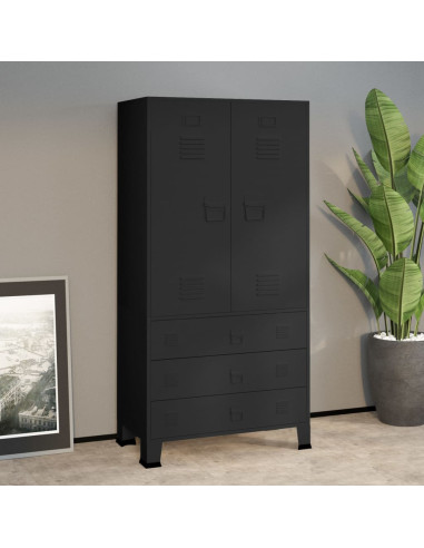 Armoire Métal Noir Dressing 2 Portes 3 Tiroirs Garde-robe Penderie Chambre