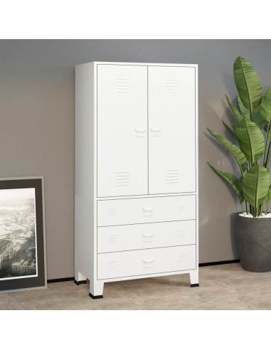 Armoire Métal Blanche Dressing 2 Portes 3 Tiroirs Garde-robe Penderie Chambre