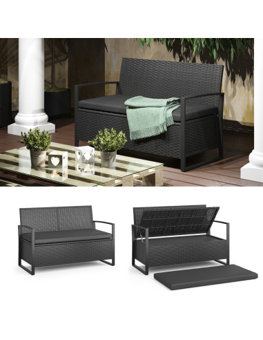 Banc de jardin 117 cm avec Coffre Rangement en Résine Tressée Noir