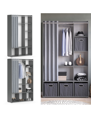 Armoire enfant Grise avec rangement et rideau noir dressing ouvert penderie chambre enfant