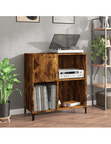 Meuble Platine Vinyles Chêne Fumé avec Rangement Pieds Métal Noir Moderne Armoire Disques