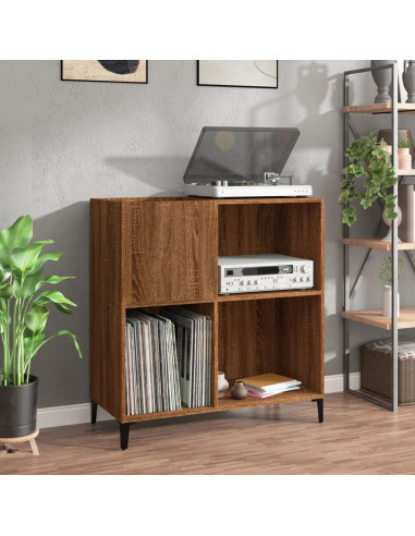 Meuble Platine Vinyles Chêne Marron avec Rangement Pieds Métal Noir Moderne Armoire Disques