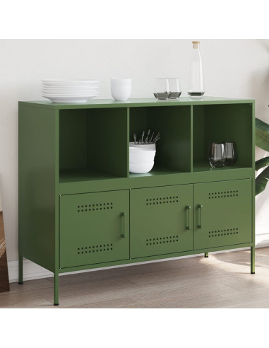 Buffet Vert Olive Salon 3 Portes 3 Compartiments en Métal Style Industriel Rangement Chambre