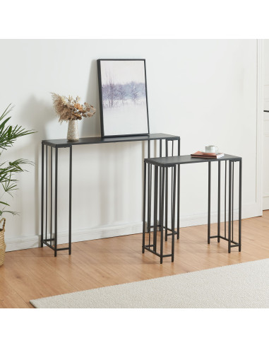 (LOT DE 2) Console Noir en Métal Plateau Bois Console d'Entrée Acier Meuble Salon