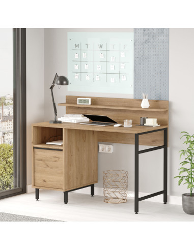 Bureau Chêne avec Etagère et Placard Rangement Bureau Informatique Pieds Acier Noir