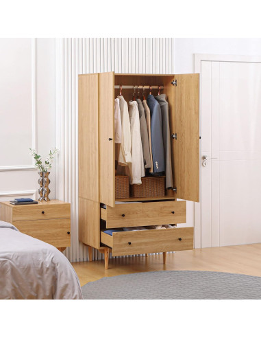 Armoire Bois Naturel à Vêtements Penderie Chambre 2 Portes 2 Tiroirs 1 Tringle