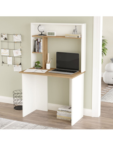 Bureau Blanc et Chêne avec Rangement Haut Table de Travail Moderne