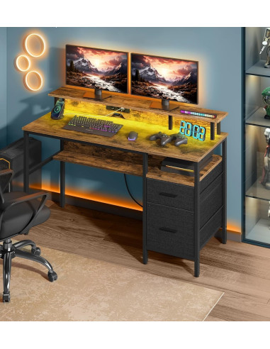 Bureau Gaming Marron Rustique LED + Multiprise Bureau de Jeu Gamer Bureau Informatique