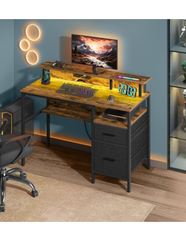 Bureau Gaming 120 cm Marron Rustique LED + Multiprise Bureau de Jeu Gamer Bureau Informatique