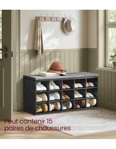 Meuble Chaussures 15 Compartiment Noir Boisé Chaussure avec Assise Rangement Chaussures