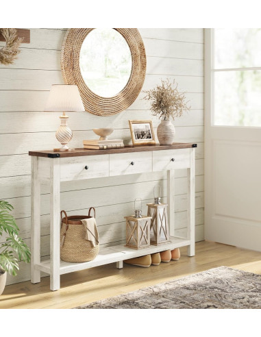 Console Blanc Marron 3 Tiroirs Table d'Entrée en Bois avec Etagère de Rangement