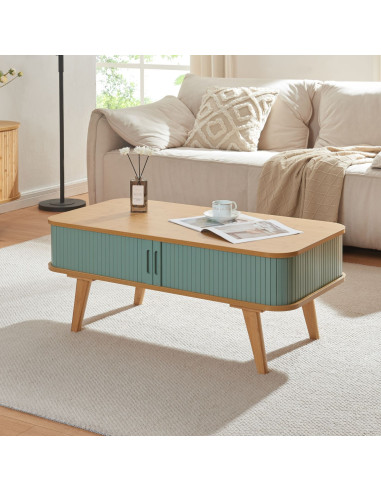 Table Basse Bambou et Bleu Table de Salon Bambou Naturel Portes Coulissantes