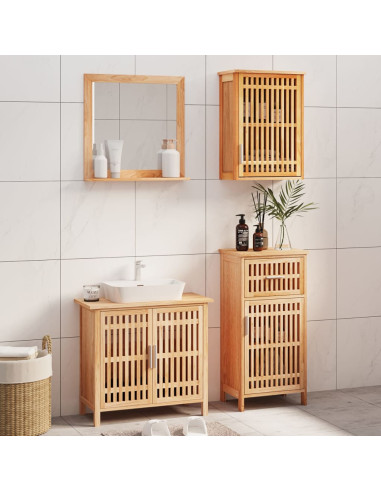 Ensemble Meuble Salle de Bain 4 pcs Bois Massif de Noyer Miroir Meuble Sous Vasque Armoire Murale et avec Pieds