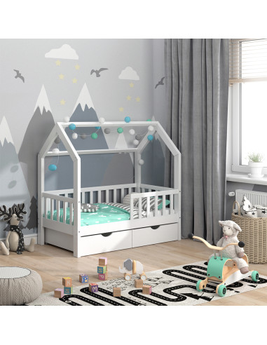 Lit montessori pour enfant 70x140 cm avec 2 tiroirs blanc lit cabane lit maison lit enfant avec sommier