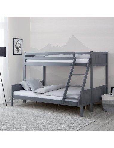 Lit Superposé 140x200 cm et 90x200 cm Bois Massif Pin Gris Lit Enfant Lit Ados