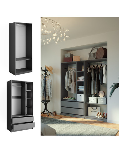 Grande Armoire XXL Anthracite 2 Penderies Ouvertes 2 Tiroirs 5 Compartiments Ouverts