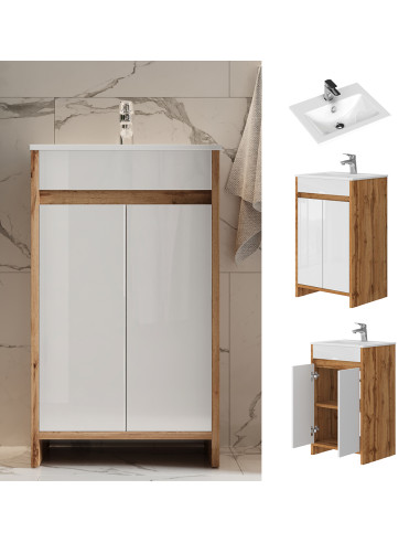 Meuble de Salle de Bain 50 cm avec Vasque Blanc et Chêne Meuble avec Lavabo en Céramique