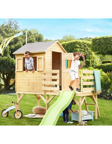 Cabane Enfant de Jardin Pilotis avec Toboggan Maisonnette pour Enfant Maisonnette avec Terrasse