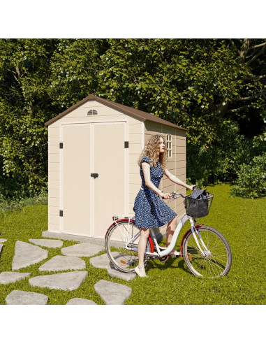 Abri de jardin résine beige 6,99 m² + kit ancrage Abri jardin résine rangement bois outillage de jardin chalet en résine cabanon